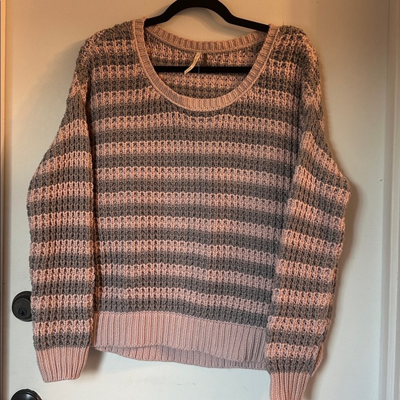 Free People At the Beach Gray Pink Striped Chunky Pullover Sweater small - Picture 2 of 6